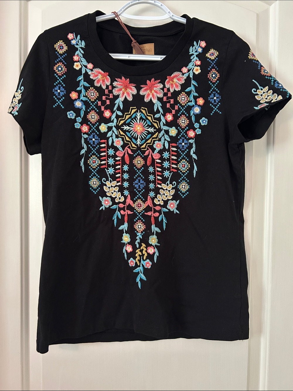 DRIFTWOOD Black Short Sleeve Tee with Colorful Floral Embroidery